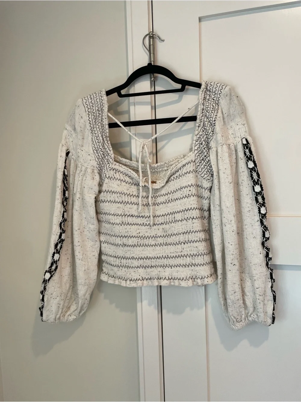 Free People Cream Smocked Square-Neck Peasant Top
